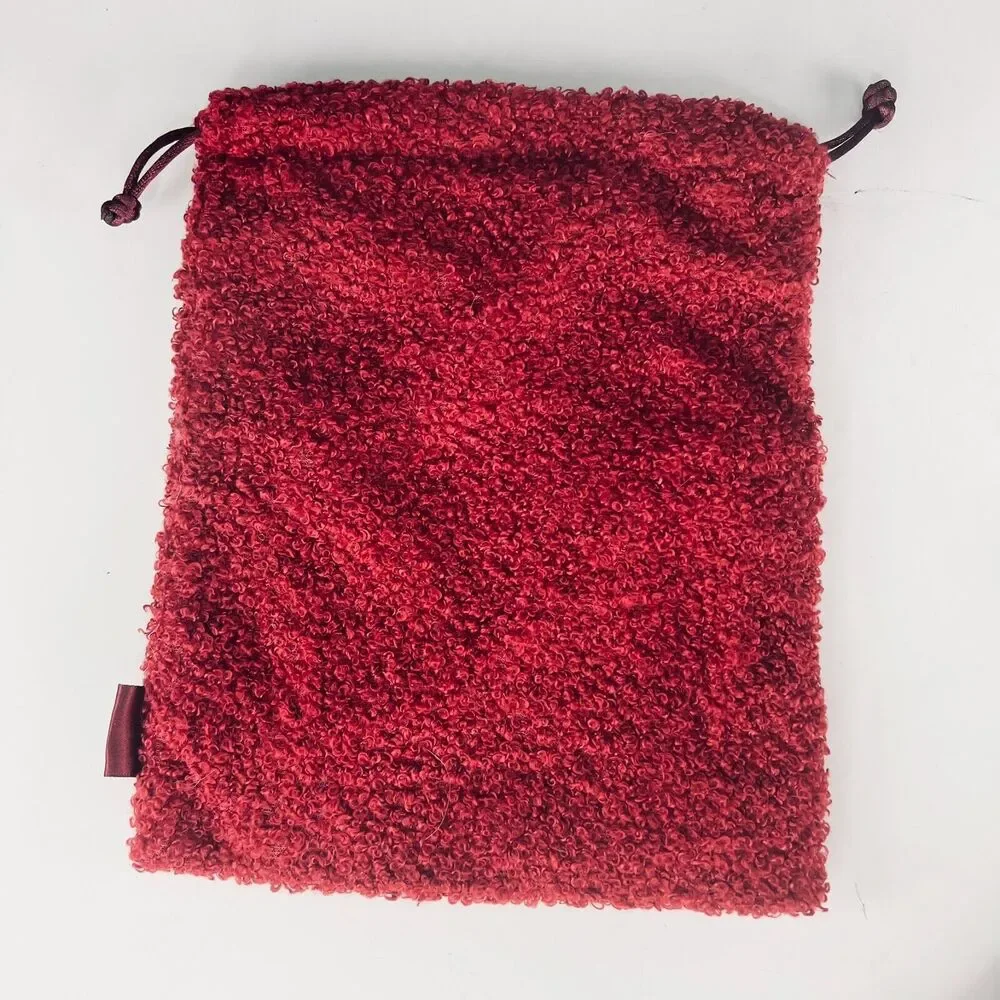Ipsy Tie Sherpa Boucle Teddy MakeUp Toiletry Travel Drawstring Bag Burgundy New